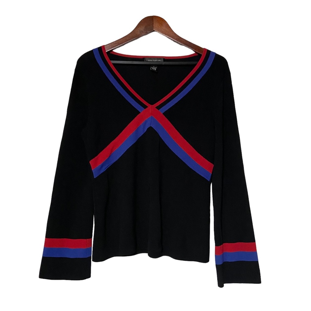 Vintage Cable & Gauge V Neck Long Sleeve Striped Viscose Knit Sweater Black